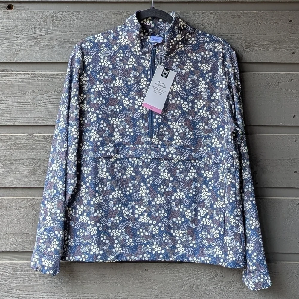 NWT Member's Mark Travel Pullover Navy Blue Ditsy Floral Size Small Half Zip
